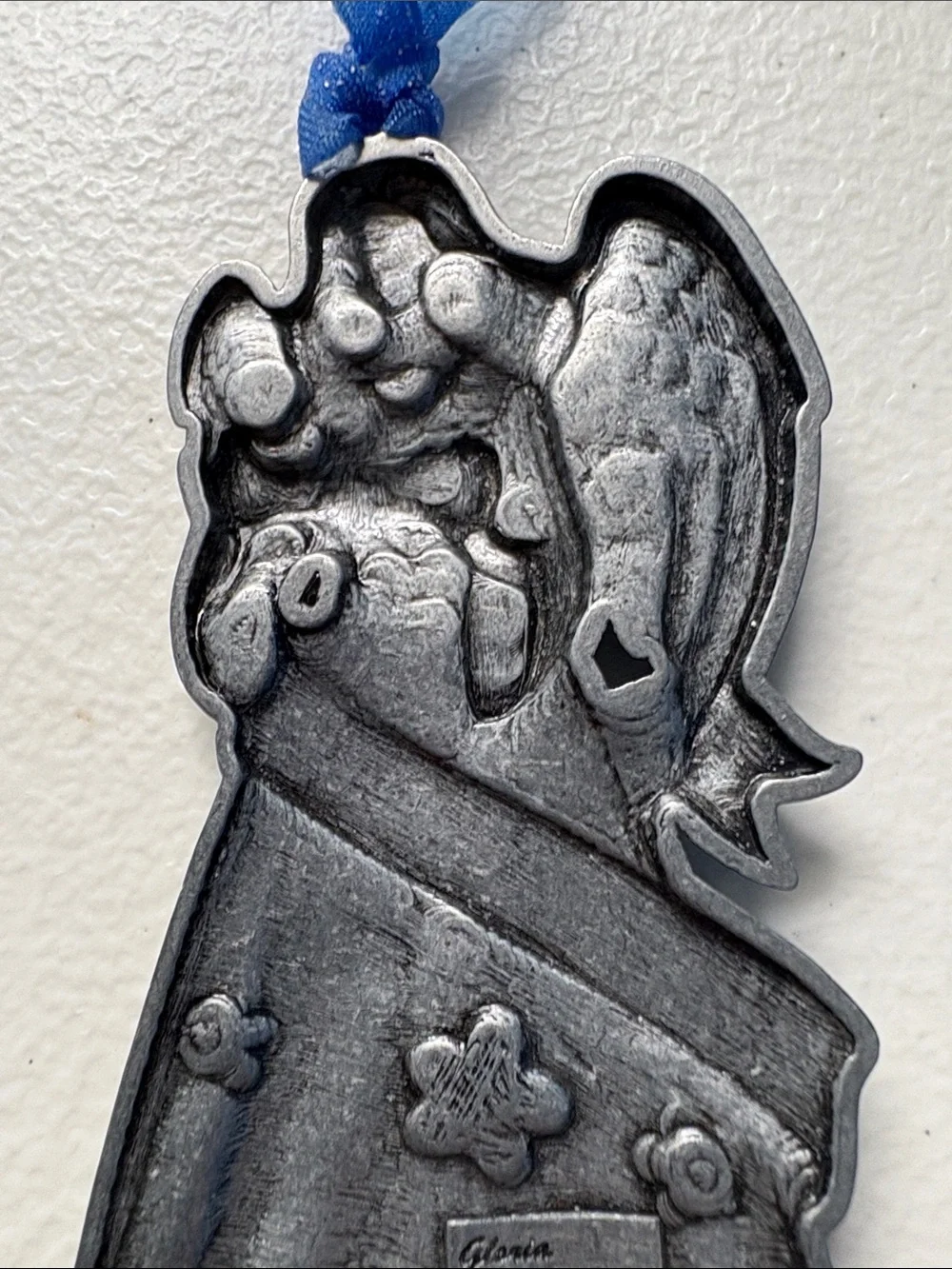 Vintage Silver Angel Ornament with Blue Ribbon and Glitter Accents